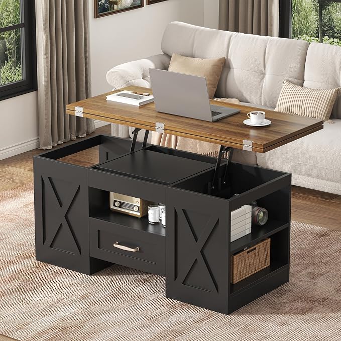 kepptory 39.4'' Lift Top Coffee Table with Storage, 4 in 1 Multi-Function Convertible Coffee Tables for Living Room, Farmhouse Coffee Table with Open Storage Compartment & Drawers (Brown&Black)