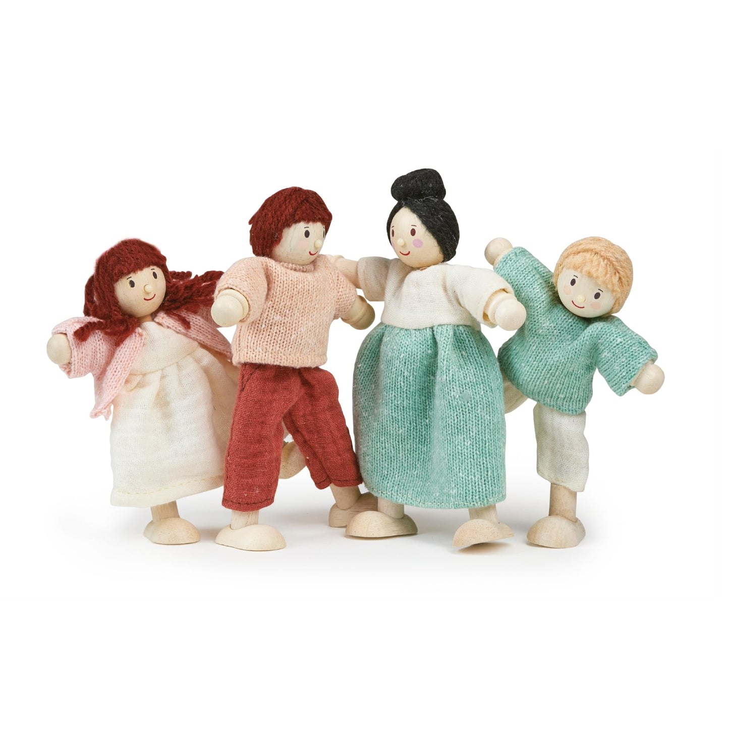 Mentari Toys - The Honeybunch Doll Family - 4pc Poseable Wooden Doll Set with Fabric Clothes - Perfect for Dollhouses and Small World Play - Encourages Imaginative Play and Social Skills - Age 3+