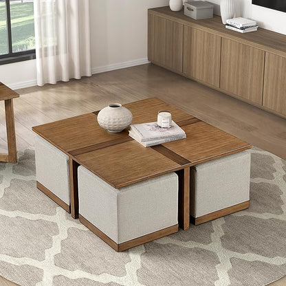 Lexicon 44" Square Coffee Table with 4 Upholstered Stools, Maple Veneer Wood Cocktail Table, Gray Upholstered Stools with Casters, Modern Living Room/Apartment Centerpiece, Full Assembled, Brown
