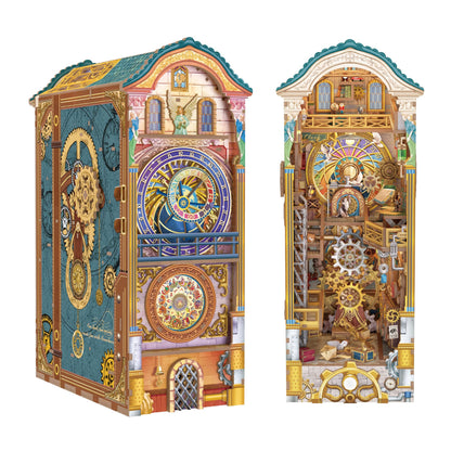 Tonecheer DIY Book Nook Kit for Adults, 3D Wooden Puzzle Bookend Miniature House Kit, Booknook Bookshelf Insert Decor with Dust Cover and LED Lights Gifts (Clock Tower)