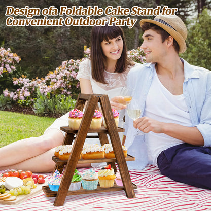 3 Tier Wooden Cupcake Stand with Swing and Flower Decoration, Large Dessert Stands with Serving Tray, Removable Trays, Foldable Ladder Food Display Set for Cake Snack Fruit Chips Bread Centerpieces (Dark Brown)
