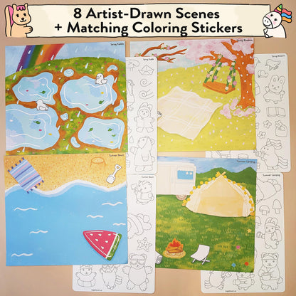 Together Art Seasonal Splendor: Color Your Own Stickers Storytelling Kit - 4 Seasons in 1 DIY Craft for Kids Ages 3+ (Camping, Beach, Christmas) - Road Trip Travel Activities & Homeschool Art Supplies