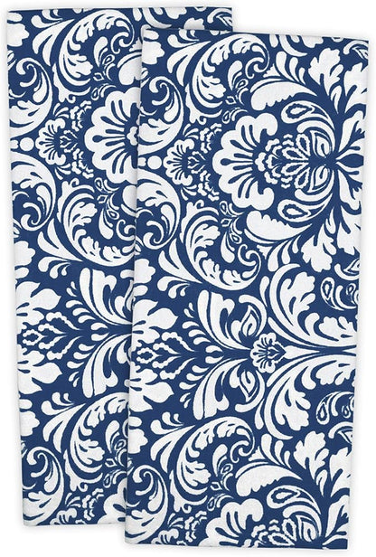 DII Cotton Dish Towel Set Damask Print, Nautical Blue