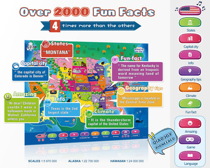 Bilingual Interactive for Kids Talking USA Map Alphabet Poster for Toddlers Learning and Educational Toys,Talking Educational Chart for Ages 3 to 12 Years Old,Learning ABC Letters for Preschool/Gift