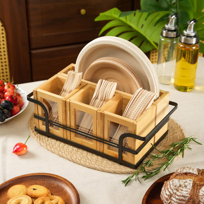 OTTENON Silverware Caddy Wood Utensil Holder Cutlery Flatware Paper Plate Dispenser Organizer for Spoons Forks Plates Napkins (Acrylic)
