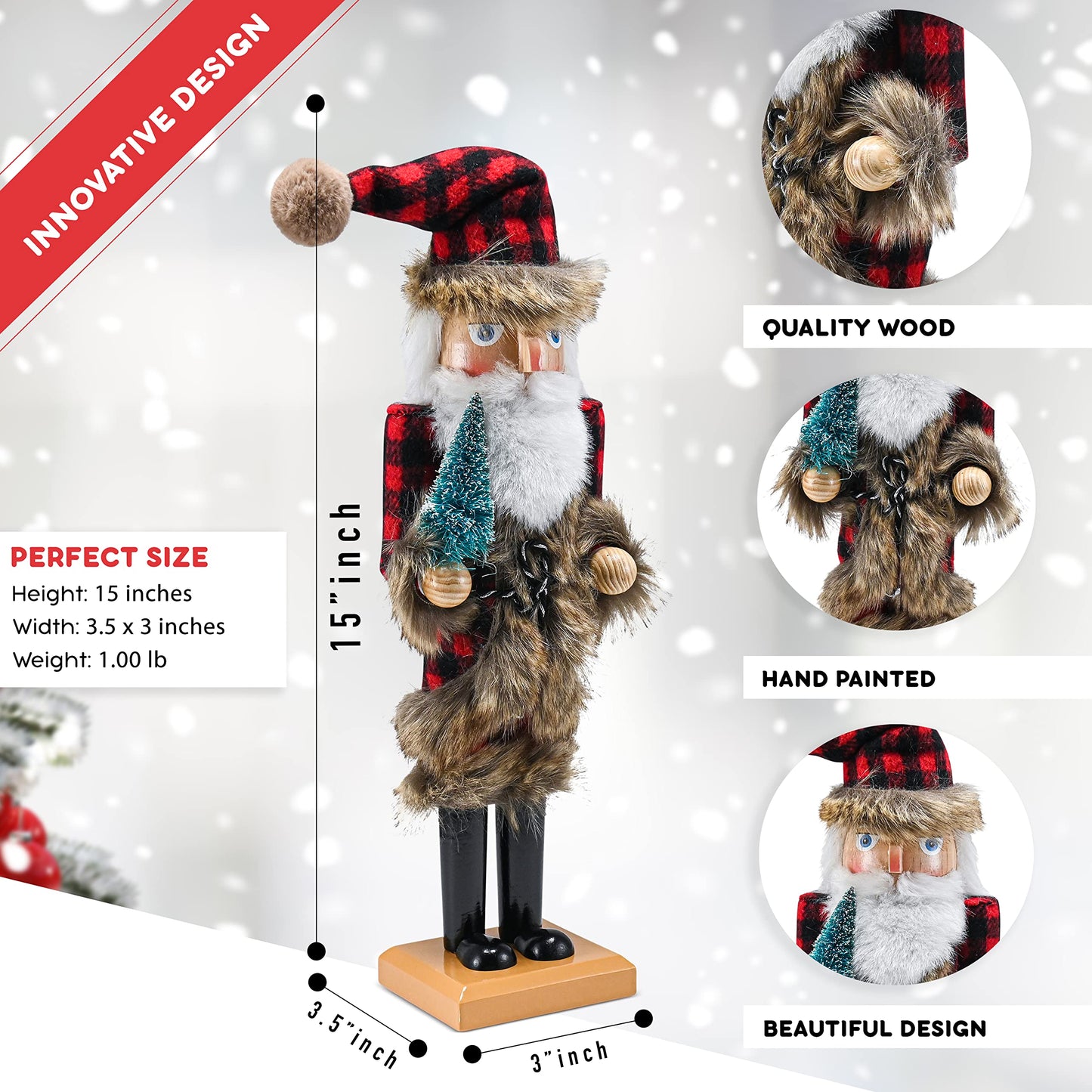 Ornativity Christmas Nostalgic Santa Nutcracker – Red and Black Wooden Nut Cracker Santa Clause Man with Buffalo Brown Fur Plaid Coat Holding a Xmas Tree Themed Holiday Doll Figure Decorations 15"