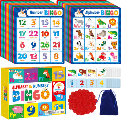 SpriteGru Alphabet Bingo Game, Uppercase/Lowercase/Number Bingo Game ABC and 123 Bingo Board Game for Kindergarten and Preschool Kids 4+, Perfect for Classroom & At Home