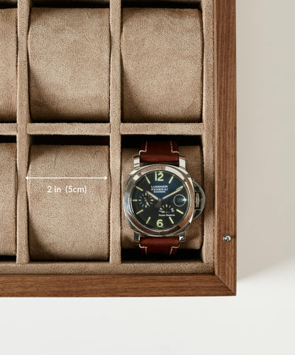 TAWBURY Wooden Watch Case - 6 Slot Wood Watch Box for Men & Women with Glass Display, Protective Fully Lined Interior and 2-inch Wide Pillows for Small & Large Watches (Classic Walnut)