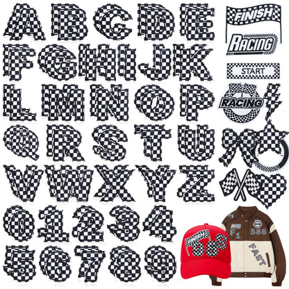 Meneng Letters and Numbers Patches for Racing: 82 Pcs Iron On Checkered Letters with Car Patches - Embroidered Flag Lightning Patch for Jacket Hat Customization