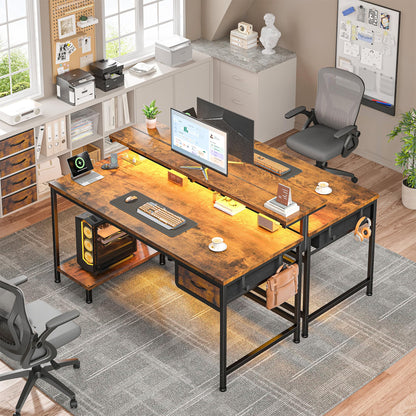 DurayLoly 39.3Inch Office Desk with Power Outlet & Drawer, Gaming Desk with CPU Stand& LED Lights,Computer Desk with Ergonomic Monitor Stand for Small Space,Rustic Brown