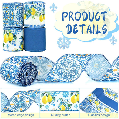 4Rolls 20 Yards Lemon Wired Edge Ribbon 2.5inch Summer Blue Tiles Yellow Lemon Printed Fabric Ribbon for Wreath Bow Making DIY Crafts Wrapping Supplies