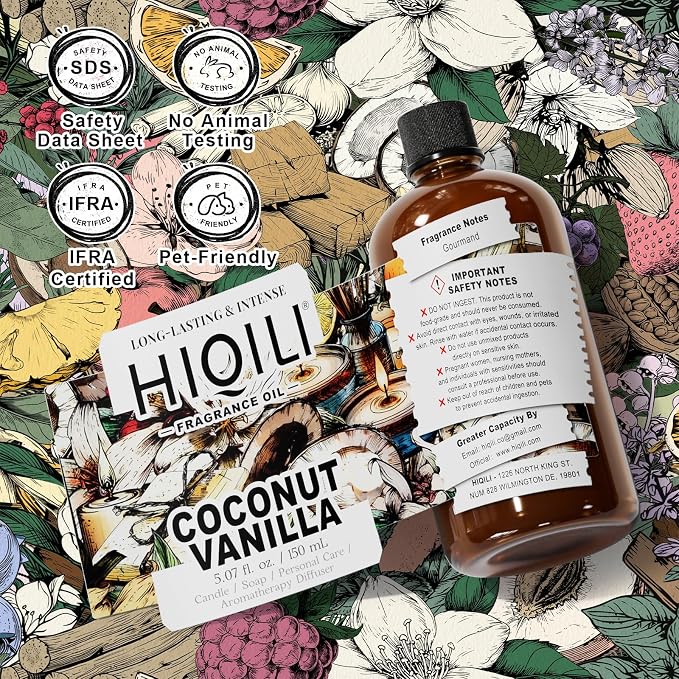 HIQILI Coconut Vanilla Fragrance Oil - for Candle Making, Soap Making, Essential Oil for Diffuser, Humidifier, Home& Hotel & Car Use - 5.07 Fl Oz