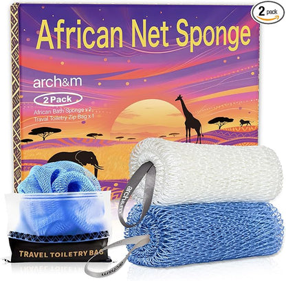 ARCH&M Authentic African Net Sponge with Knots 53", 2 Pack | Exfoliating Bath & Shower Loofah, Daily Use, Extra-Long Back and Body Scrubber, For Women and Men