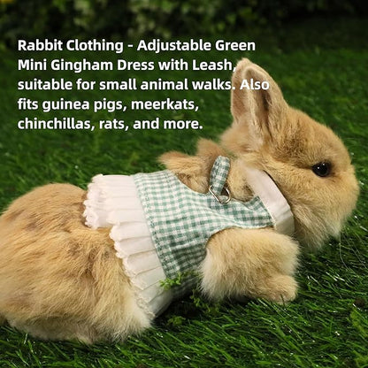 SMOLKITH Rabbit Clothes - Bunny Adjustable Checkered Dress with Leash, Small Animal Apparel for Walking - Fits Guinea Pigs, Chinchillas, Meerkats, Prairie Dogs, Pet Rats (Green Mini Gingham Dress)