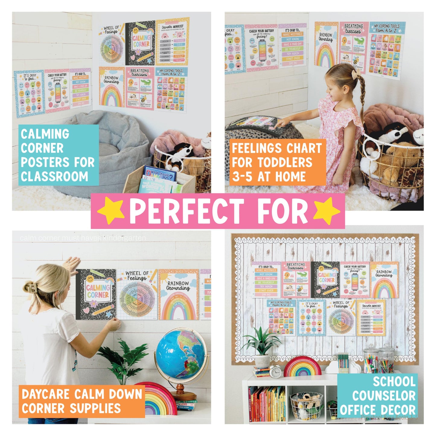 Hadley Designs 9 Calming Corner Posters for Classroom Must Haves - Calm Down Corner Supplies with Emotions Chart, School Counselor Mental Health Poster, Feelings Chart For Kids, Pastel Classroom Decor