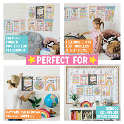 Hadley Designs 9 Calming Corner Posters for Classroom Must Haves - Calm Down Corner Supplies with Emotions Chart, School Counselor Mental Health Poster, Feelings Chart For Kids, Pastel Classroom Decor