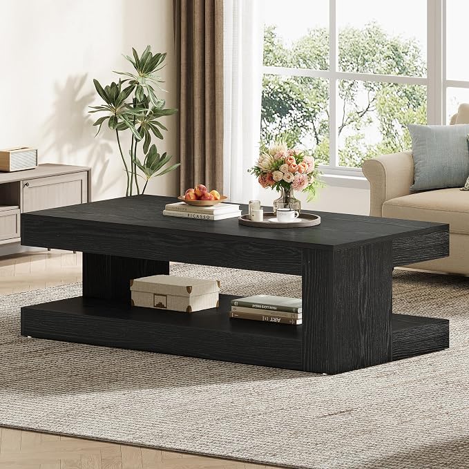 Tribesigns Coffee Table for Living Room, 47.24 Inch Farmhouse 2-Tier Accent Center Tea Cocktail Table with Storage, Rectangle, Black