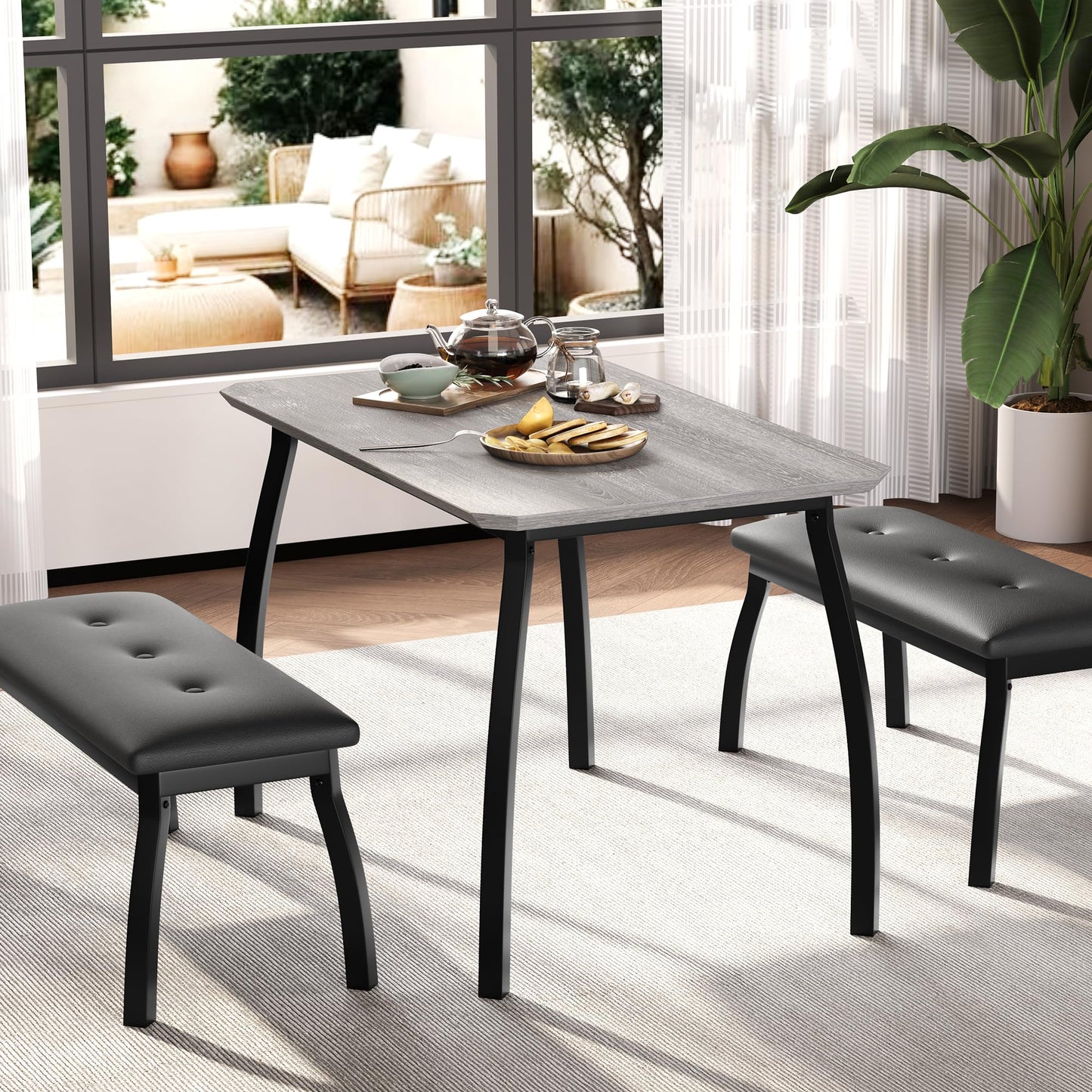 Garvee Dining Table for 4, 3-Piece Kitchen Table Set with Wooden Tabletop and Metal Frame, Industrial Retro Kitchen Table with 2 PU Leather Benches for Bar, Dining Room, Restaurant- Grey