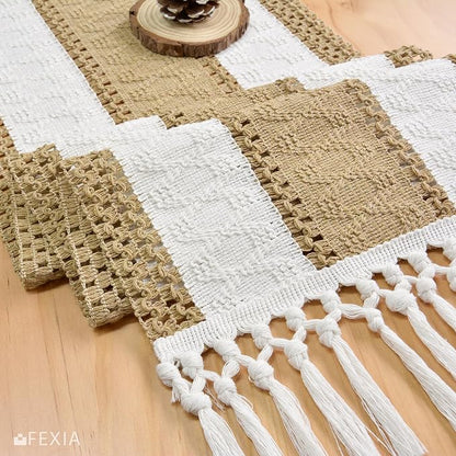 FEXIA Boho Table Runner with Tassels for Home Decor Farmhouse Rustic Table Runner Macrame Burlap Woven Dinning Decoration for Living Room Bridal Shower Independence Day Decorations(12x72 Inches)