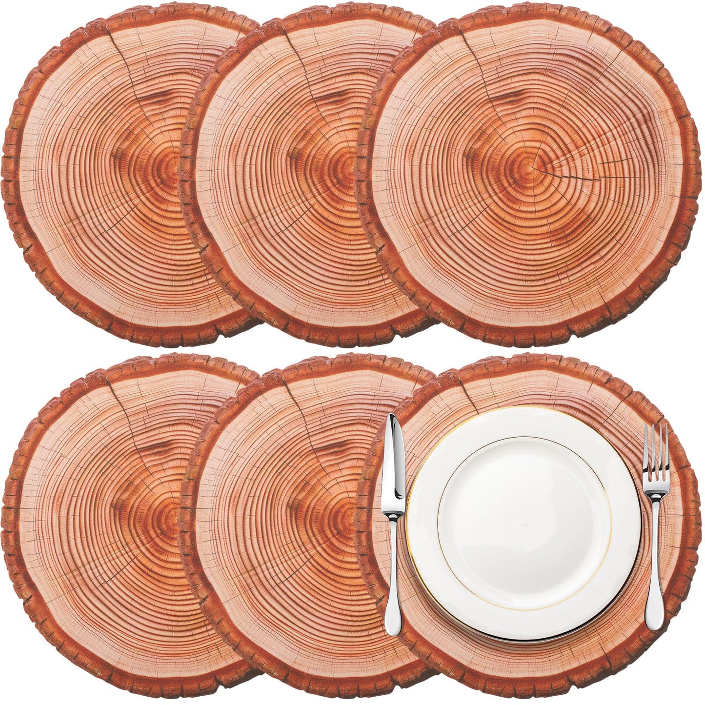 Remerry Leather Wooden Slice Placemats Set of 6, 13.8'' Round Rustic Charger Plates Wood Slices Place Mats Farmhouse Table Mats for Wedding Table Decoration Kitchen Dining Waterproof