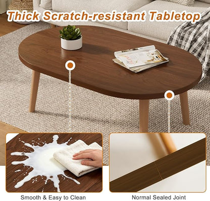 Coffee Table Low Table with Solid Wood Legs, 31.5x19.7 Large Coffee Table Side Table, Floor Table Desk for Sitting on The Floor, Living Room Furniture for Office Apartment Home, Oval Walnut
