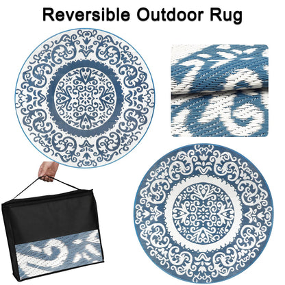 Homcomoda Round Outdoor Rugs 8ft Blue Patio Rugs Clearance Reversible Plastic Straw Rugs Waterproof Lightweight Outdoor Rugs Portable RV Camping Mat for Outdoor Porch Deck BBQ Backyard