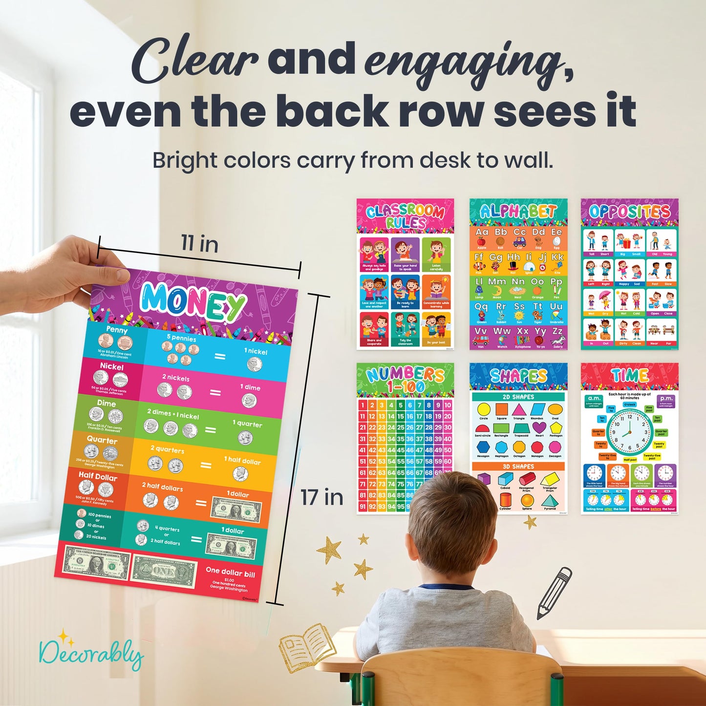 Decorably 20 Vibrant Learning Posters for Toddlers 1-3, 11x17in Educational, Matte-Laminated Classroom Decor - for School Hallways, Bulletin Boards, Home Study Room