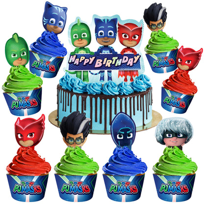 Treasures Gifted Officially Licensed PJ Masks Party Decorations - Cake Topper Set - PJ Masks Birthday Party Supplies - (1) Cake Topper & (24) Cupcake Toppers & Wrappers