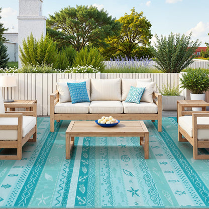 Uphome Coastal Outdoor Rug Waterproof 8x10, Large Reversible Ocean Beach Theme Striped Patio Plastic Straw Rugs, Tribal RV Camping Outside Carpet Mat for Pool Back Yard Deck, 8 x 10 ft