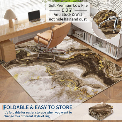 GarveeHome Modern Washable Rugs 5x7 Neutral Abstract Throw Rugs, Non-Slip Abstract Accent Carpet with Marble Swirl Pattern, Stain-Resistant Low Pile Indoor Carpet Rug for Living Room, Bedroom, Brown