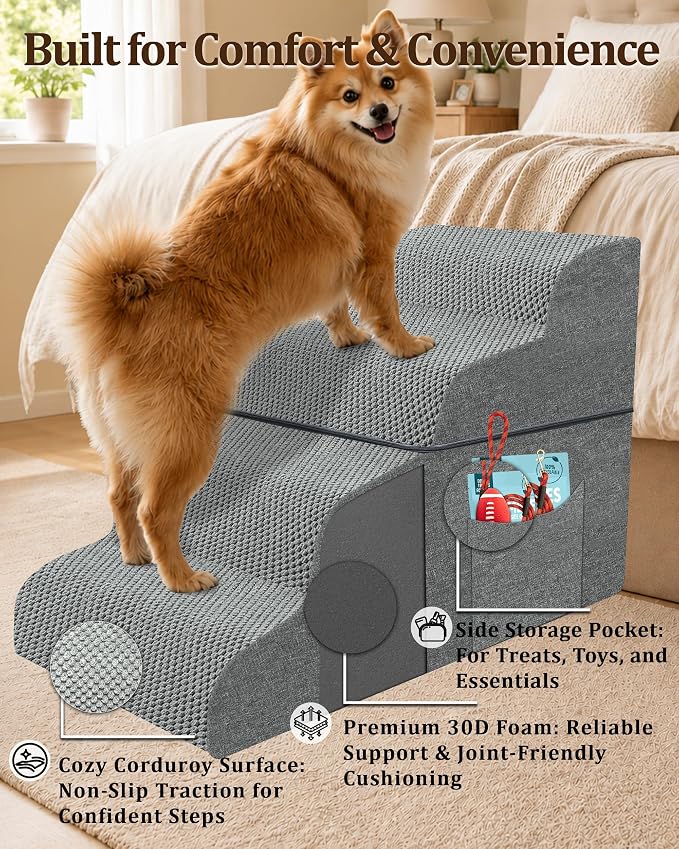 Dog Stairs for Bed & Couch, 15.7"H 3-Step High Density Foam Dog Steps for Small & Senior Dogs, Non-Slip Stable Pet Stairs for Sofa, Bedside, Balanced Bedroom Doggy Ramp with Removable Cover