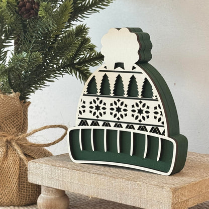 Winter Hat Shelf Sitter, Chunky Wooden Cozy Winter Decor for Tiered Tray Styling, Rustic Farmhouse Holiday Mantel Accent (Forest Green)