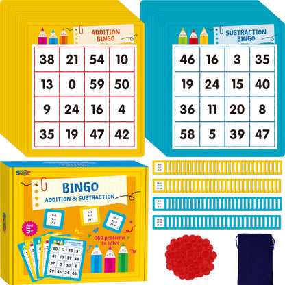 SpriteGru Addition & Subtraction Bingo Game, 360 Math Problems, 2 Educational Math Board Game for Kindergarten and Preschool Kids 4-8, Perfect for Classroom & At Home