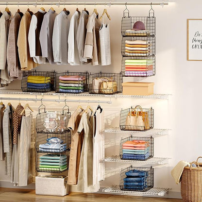 4" Extra Deeper Hanging Closet Organizers and Storage, 4 Tier Foldable Wire
