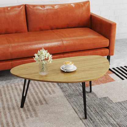 Manora Modern Mid Century Coffee Table, Oval Triangle Wood Center Table with Sturdy Metal Legs, Stylish Living Room Accent Table for Small Spaces