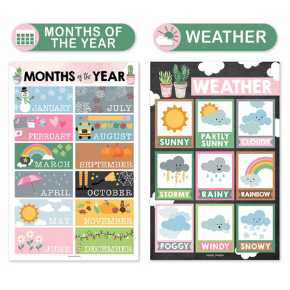 Hadley Designs 4 Alphabet, Months of the Year, Weather, Days of The Week Calendar For Kids, ABC Chart for Wall for Toddlers, Laminated Charts for PreK Classroom or Homeschool, Cactus Posters 11x17