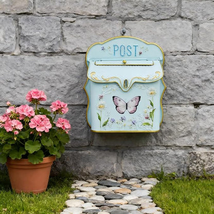 Mailbox Wall Mount Mailboxes for Outside Vintage Mail Boxes for House Outside Metal Drop Box Antique Style Nostalgic Charm Home Decorative Butterfly Blue