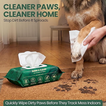 Bark & Clean Bamboo Dog Wipes for Cleaning & Deodorizing - 8.5" x 9" 110 Compostable Hypoallergenic Pet Wipes for Dogs - Paws, Butt & Body - Puppy Face, Ear & Eye Cloths - Pet Supplies