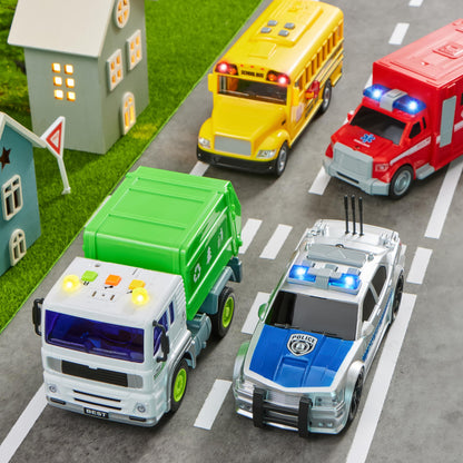 JOYIN 4 Pcs 7" Long Vehicle Toy Set, Toddlers Cars with Lights and Siren Sound, Including Play Police Car, School Bus, Garbage Truck, Ambulance, Birthday Party Gifts Toys for Boys 3-5