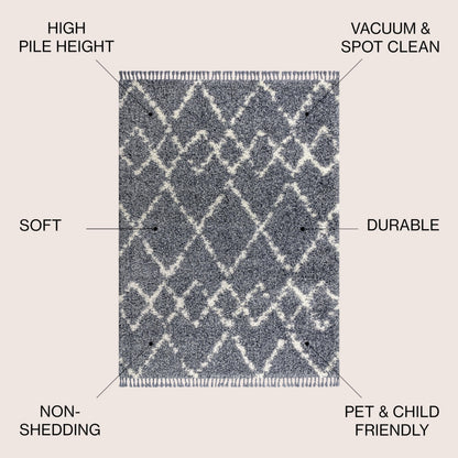 JONATHAN Y Mercer Shag Plush Tassel Blue/Cream Indoor Area Rug, 8x10, Moroccan Geometric Trellis, Contemporary, Easy-Cleaning for Living Room, Bedroom, Kitchen, Pet Friendly, Non-Shedding (MCR102A-8)