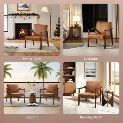 Yaheetech PU Leather Accent Chair, Mid-Century Modern Armchair with Solid Wood Legs, Reading Leisure Chair with High Back for Living Room Bedroom Waiting Room, Set of 2, Brown