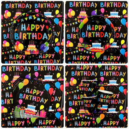 Obussgar Colorful Black Party Decorations - Black and Colourful Party Supplies including Backdrop, Plate, Cake Topper, Cup, Napkin, Balloon, Tablecloth - Serves 20
