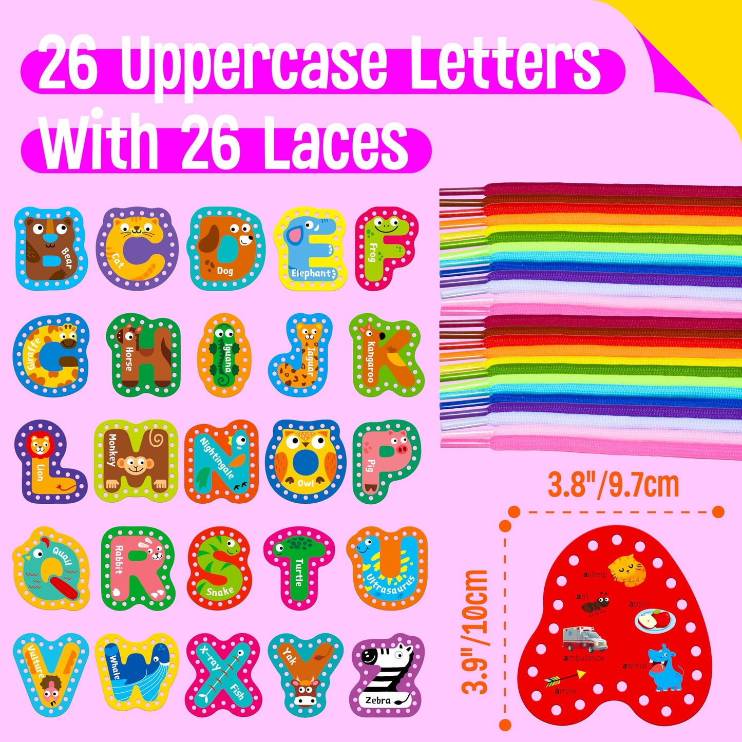 SpriteGru 26PCS Kids Lacing Cards, 26 Double Sided Uppercase Sewing Cards with 26 Colorful Laces, Imagination Development Lacing Toys Games for Children Educational and Learning Activity