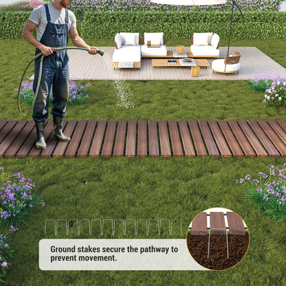 12FT Straight Wooden Garden Pathway Walkway Outdoor Roll Out Decorative Garden Non-Slip Patio Path Decorative Boardwalk Outdoor Road Floor for Backyard Beach Wedding Party