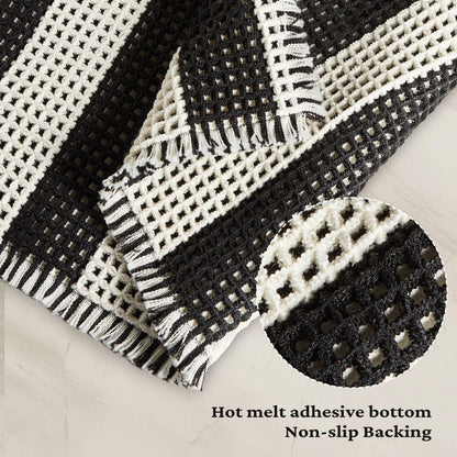 MatEssenz Checkered Runner Rug 2'x4', Black and White Waffle Weave Long Bathroom Rug with Tassels, Non-Slip & Quick Dry Bath Mat for Double Vanity & Kitchen, Machine Washable Boho Decor