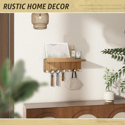 Rebee Vision Decorative Key Holder Wall Mount - Modern Farmhouse Key and Mail Holder for Wall with 7 Hooks and Floating Shelf - The Perfect Apartment Essentials in Your Home Decor (Light Brown)