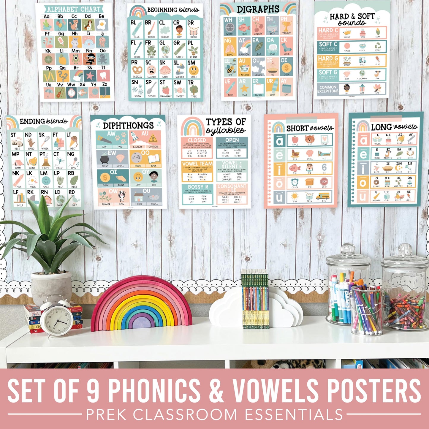 Hadley Designs Phonics Posters for Classroom Must Haves - 9 Sound Wall for Kindergarten & Elementary Teacher Supplies, Syllable, Vowels, Digraphs & Blends Bulletin Board Set, Boho Classrom Decor