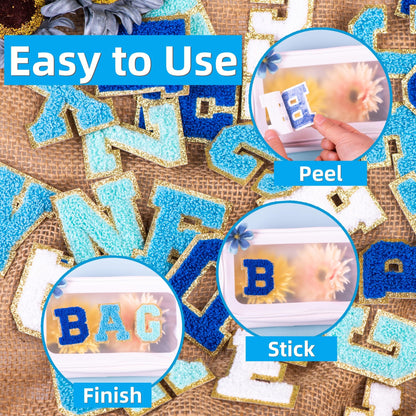 104 Pcs Self Adhesive Chenille Letters & 24 Iron On Stars Kit – Blue Ombre Varsity Letter Patches for Clothes, Backpacks, Hats, DIY Crafts (2.17", Navy/Sky/Light Blue/White)