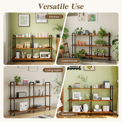 Industrial Bookshelf, Rustic Open Bookcase, 3 Tier Wide Wood and Metal Bookshelf, Solid Pine Wood and Iron Pipe Long Storage Shelf Wide Open Storage Shelf for Living Room Office Bedroom Kitchen