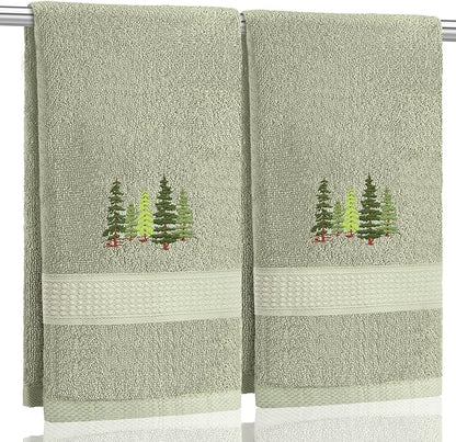 2 Pcs Forest Hand Towels Gray Green Bathroom Decor 14x29 Inch Embroidered 100%